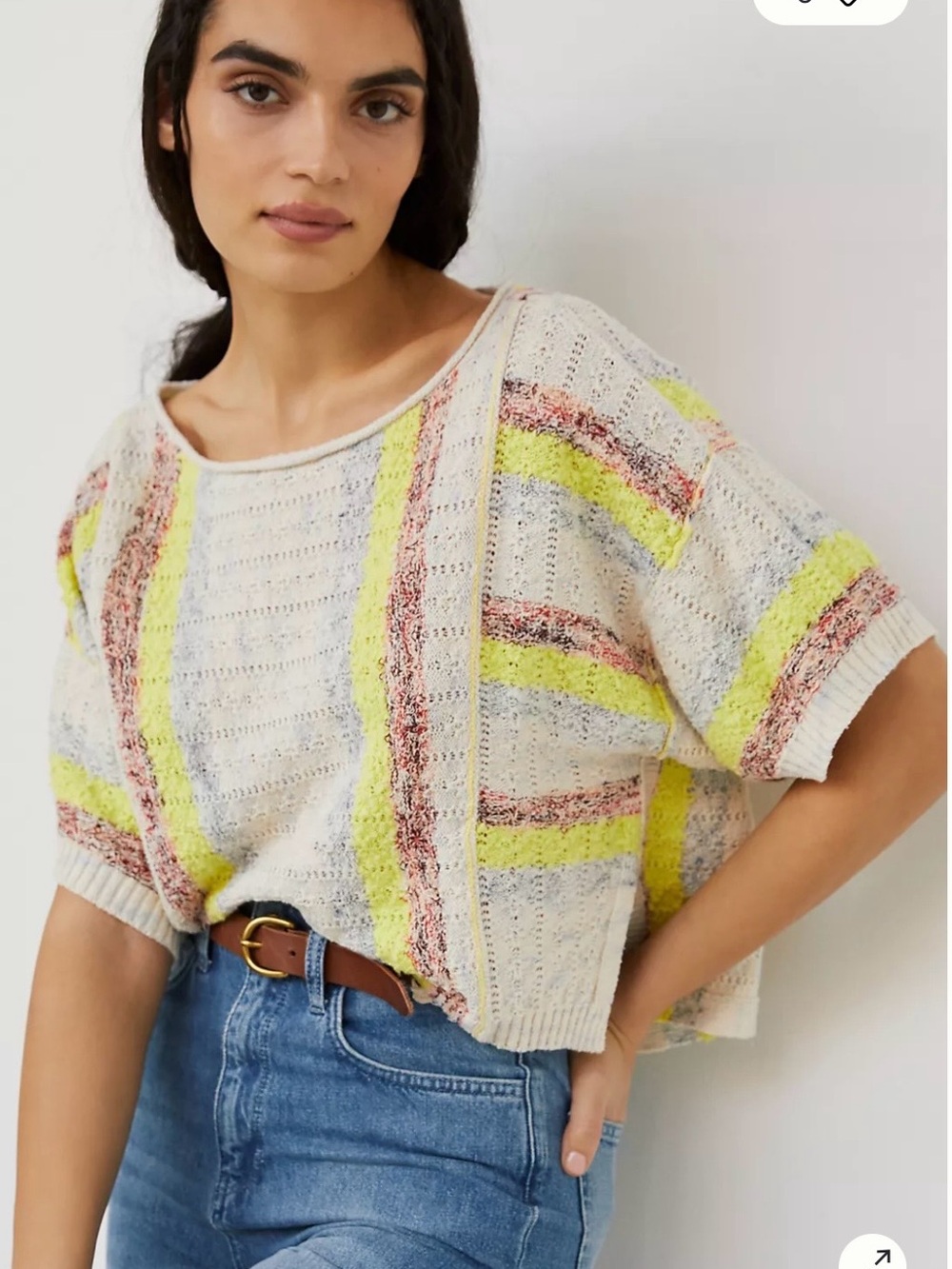 Pilcro Beachside Striped Open Knit Short Sleeve Sweater Cream Yellow Sz Medium